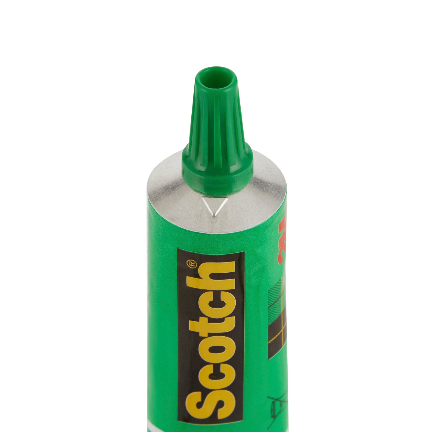 Die Nahaufnahme einer geöffneten Tube Scotch® Flüssigkleber (30 ml, 3M Deutschland GmbH) zeigt die grüne Düse und das schwarz-grüne Etikett. Der starke Kleber sorgt für eine zuverlässige Verklebung; erhältlich als 24 Tuben pro Aufsteller oder als Einzelstücke.