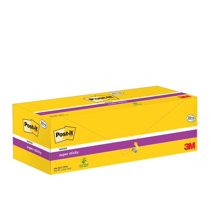 A yellow rectangular box with Post-it® Super Sticky Notes (76 mm x 76 mm, 90 sheets/block, 100% PEFC) from 3M Deutschland GmbH shows the brand logo, product details, the green certification symbol, and indicates a promotional package.