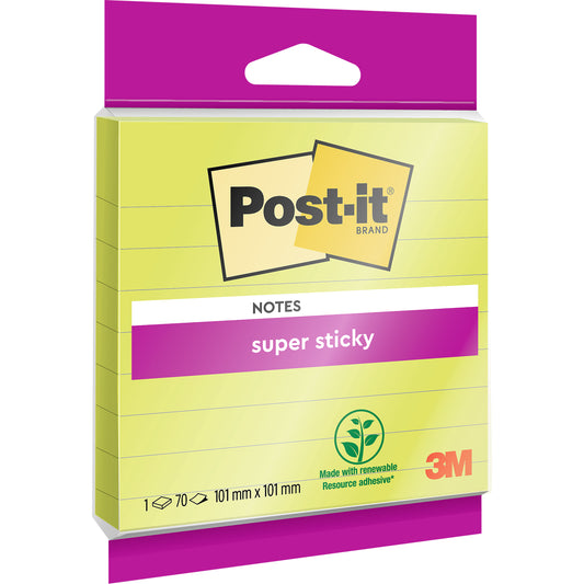Eine Packung 3M Post-it® Super Sticky Notes im Großformat, grün, liniert, 101 x 101 mm, 70 Blatt pro Block. Hergestellt von 3M Deutschland GmbH, PEFC-zertifiziert (SGSCH-PEFC-COC-110078) mit Klebstoff aus nachwachsenden Rohstoffen.