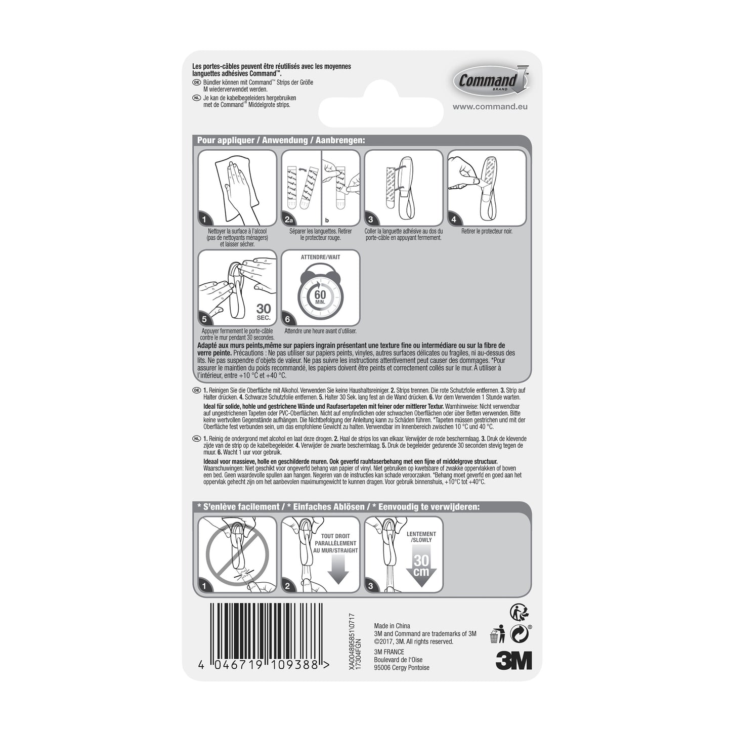 Die Command™ Kabelhalter, 17304-FR-Verpackung der 3M Deutschland GmbH enthält Anleitungen in Französisch, Deutsch und Niederländisch zum Anbringen und Entfernen von Klebehaken mit Abbildungen zur Kabelorganisation und Produktdetails am unteren Rand.