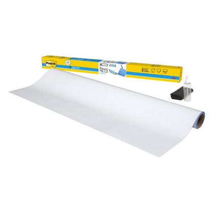 On a white background, the Post-it® Easy Erase Whiteboard Surface in white from 3M Deutschland GmbH, a yellow and blue Post-it box, a small cleaning spray bottle, and a folded black cleaning cloth can be seen.