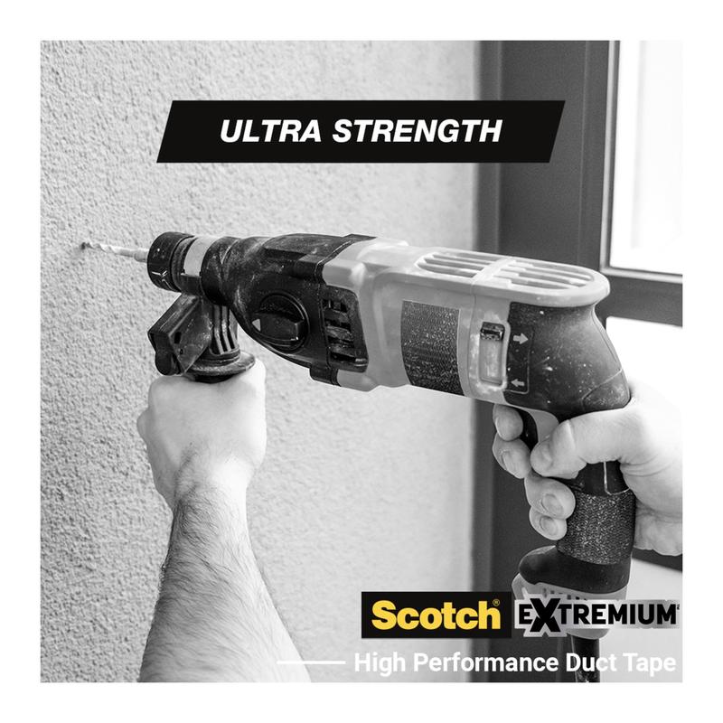 A person is drilling into a textured wall with a drill. The image shows "ULTRA STRENGTH" and in the corner the Scotch® Extremium™ Ultra High Performance Tape DT17 (25 m x 48 mm, 1 roll/package) from 3M Deutschland GmbH.