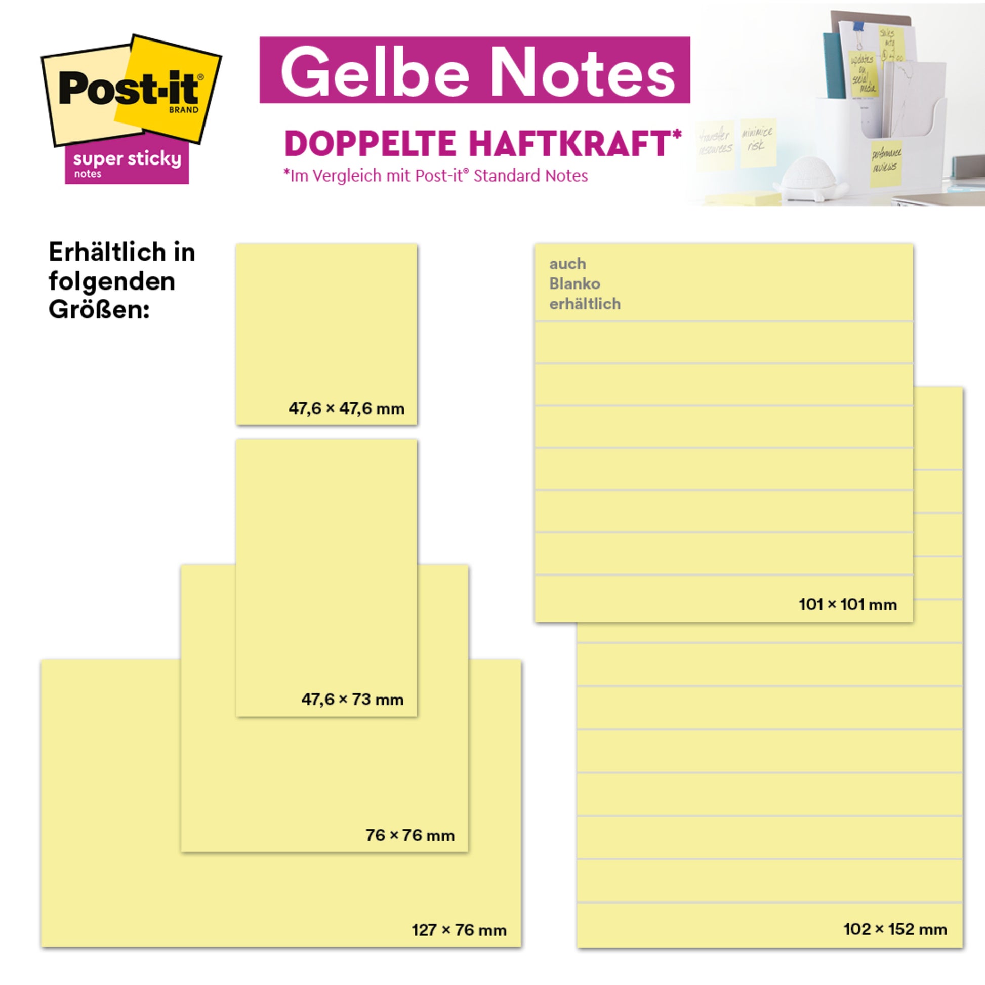 Eine Grafik zeigt 3M Post-it® Haftnotizen in Gelb (76 x 76 mm) in einer Werbeverpackung mit 16 Blöcken plus 4 gratis pro Packung. Jeder Block hat 100 Blatt, eine Kartonverpackung und ist PEFC-zertifiziert (SGSCH-PEFC-COC-110078).