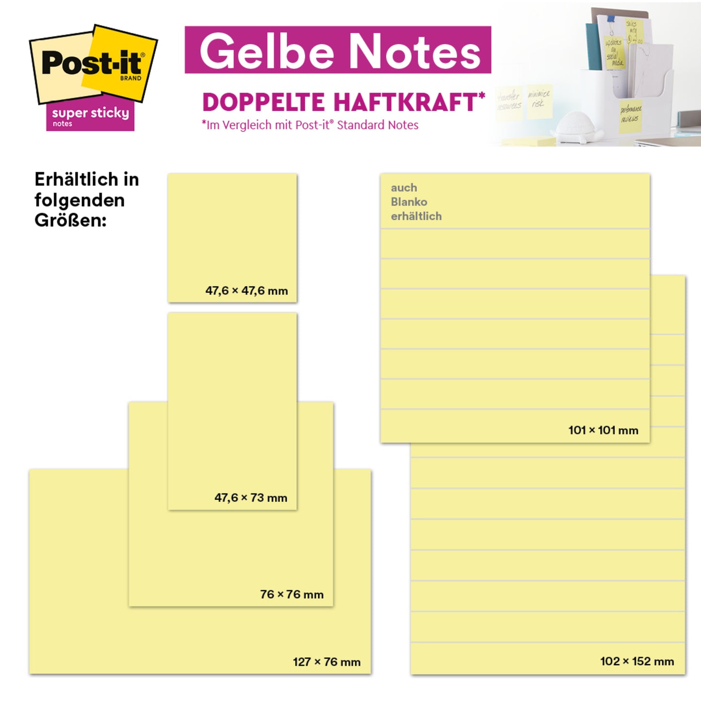 Eine Infografik zeigt die Post-it® Super Sticky Notes der 3M Deutschland GmbH in Gelb (76 × 127 mm, 90 Blatt/Block, 12 Blöcke/Karton, 100% PEFC); oben rechts die Verpackung.