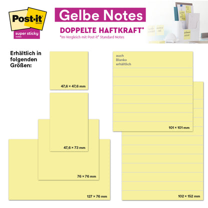 Eine Infografik zeigt die Post-it® Super Sticky Notes der 3M Deutschland GmbH in Gelb (76 × 127 mm, 90 Blatt/Block, 12 Blöcke/Karton, 100% PEFC); oben rechts die Verpackung.