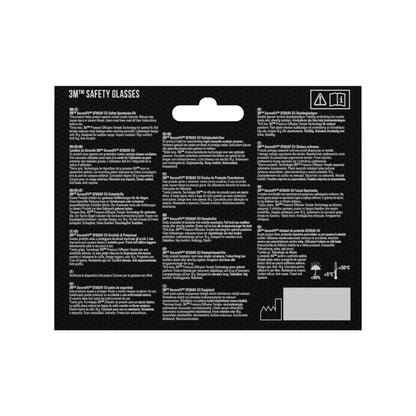 Die Rückseite einer 3M™ SecureFit™ Schutzbrille 200-Verpackung der 3M Deutschland GmbH zeigt Produktinformationen, Anweisungen und Warnhinweise in mehreren Sprachen mit Symbolen und einer Aufhängelasche; weißer Text auf schwarzem Hintergrund.