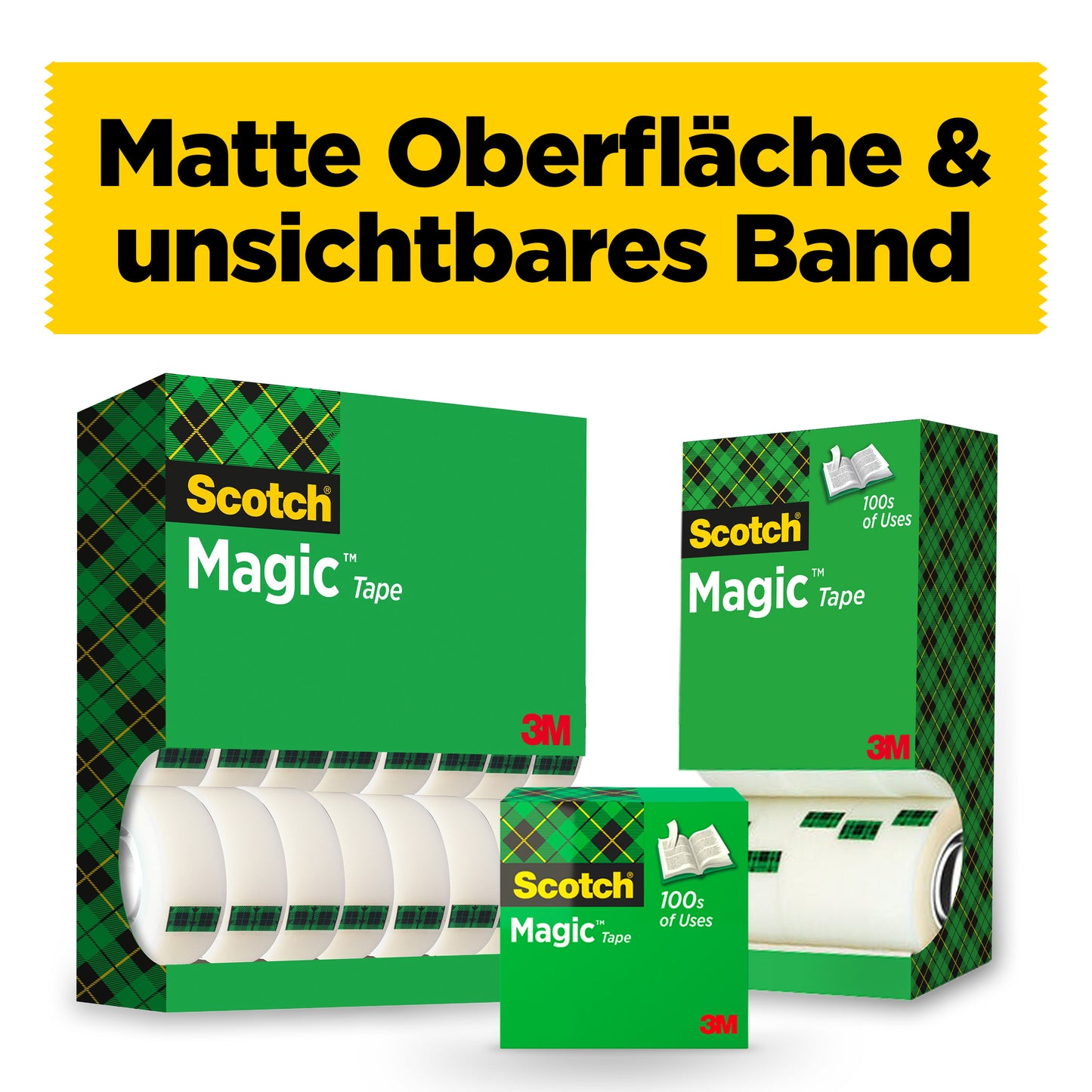 Mehrere Packungen des Scotch® Magic™ Unsichtbares Klebeband von 3M Deutschland GmbH sind ausgestellt, mit passendem Tape vorne. Oben ein gelbes Banner: "Matte Oberfläche & unsichtbar". Jetzt im Vorteilspack: 14 Rollen à 19 mm x 33 m!.