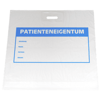 The white plastic bag DEISS 36520 (600x600+50 mm) from EMIL DEISS KG features a blue "PATIENT PROPERTY" label, fillable compartments, and a cut-out handle—ideal as an alternative to cardboard bags; shipped in boxes of 250.