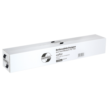 Eine transparente rechteckige Box mit der Aufschrift "DEISS UNIVERSAL Bettenabdeckungen, antistatisch, 3200 x 950 mm" von EMIL DEISS KG mit Produktnummer 49891 und Barcode an der Seite; enthält 200 Stück auf Rolle, geeignet für Krankenhäuser.