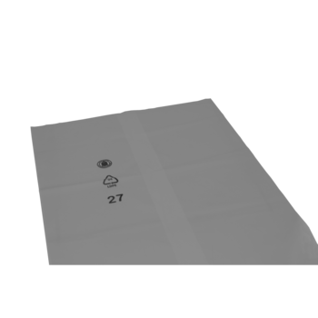 Die flache, graue Kunststoffplatte DEISS 94023 (800+460x1300 mm, Typ 100) der EMIL DEISS KG (GmbH + Co.) ist mit einem Recycling-Symbol, der Zahl 27 und einem Kreissymbol versehen - ideal für die fachgerechte Entsorgung oder die Verwendung mit DEISS Müllsäcken.