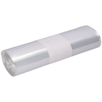 Die transparente Rolle DEISS 99072 (450x550x0,025 mm, 50 Beutel) der EMIL DEISS KG (GmbH + Co.) ist vor einem schlichten weißen Hintergrund abgebildet, straff gewickelt und mit einem weißen Papierband in der Mitte gesichert.