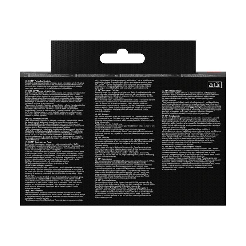 Backside of the 3M™ Cool Flow™ Particulate Respirator 9922, FFP2 packaging from 3M Deutschland GmbH: black background, white multilingual text, warning symbols; highlights FFP2 protection, odor-reducing valve, and display hanging tab.