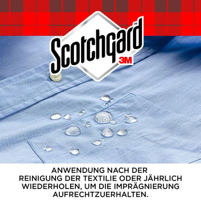A close-up of a light blue shirt with water droplets beading on the fabric highlights the protection against dirt and stains. Above it is the logo of 3M Deutschland GmbH and a note to reapply Scotchgard™ Textile Protector Spray after cleaning or annually.