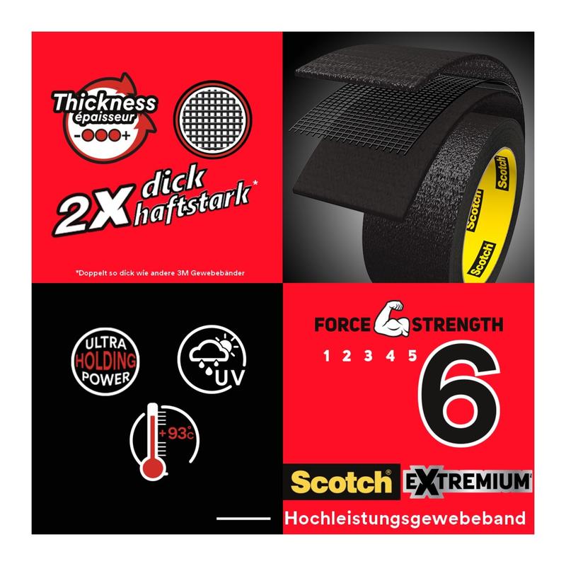 The graphic shows the 3M Deutschland GmbH Scotch® Extremium™ Ultra High Performance Tape DT17 (25 m x 48 mm) with double strength, strong hold, UV/heat resistance up to 93°C and power level 6 on a red and black bilingual background.