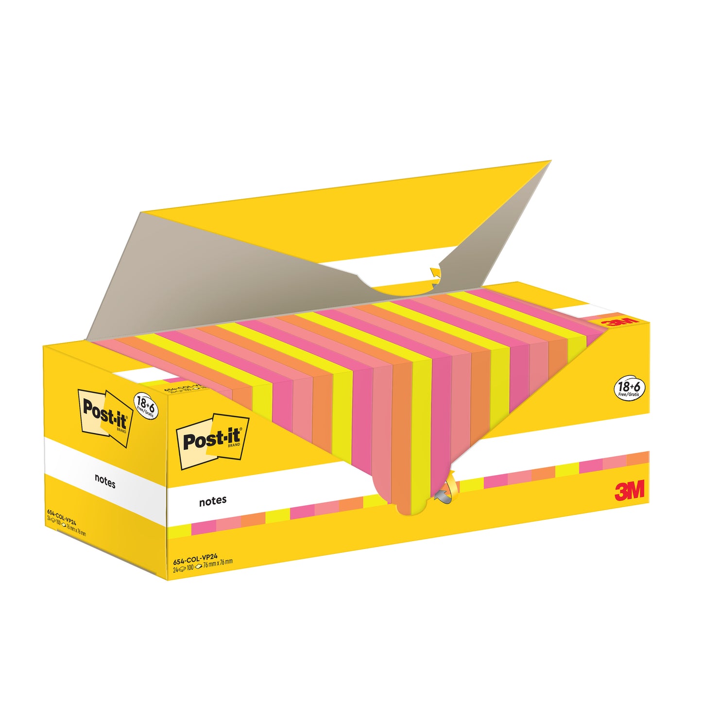 In einer geöffneten gelben Post-it® Notes Box der 3M Deutschland GmbH (76 mm x 76 mm, 100 Blatt/Block, 100% PEFC) befinden sich gestreifte rosa, gelbe und orangefarbene Haftnotizen. Das Design ermöglicht eine einfache Entnahme der Zettel.