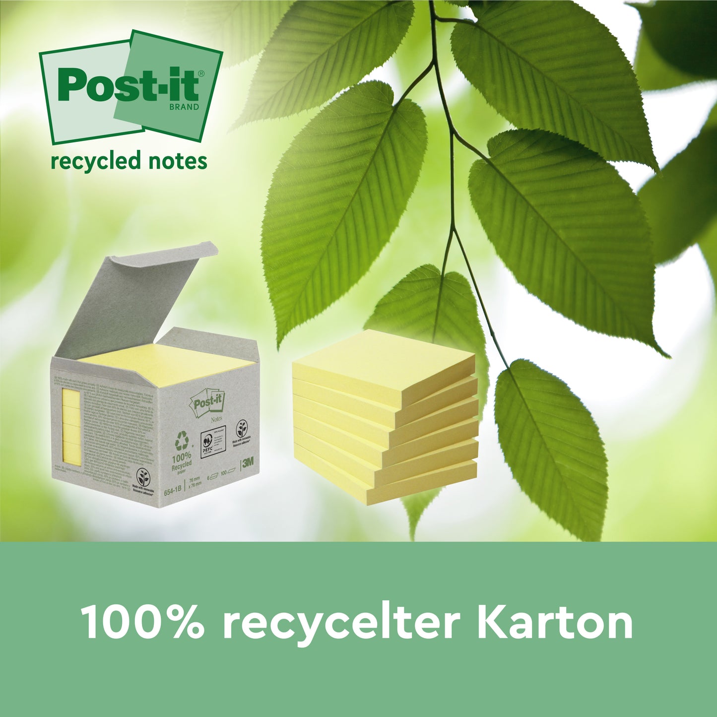 Eine Packung Post-it® Recycling Z-Notes, Gelb (76x76 mm, 100 Blatt/Block, 6 Blöcke), von 3M Deutschland GmbH, wird auf grünen Blättern mit dem Text "100% recycelter Karton" dargestellt. Die Zettel sind umweltfreundlich und PEFC-zertifiziert.