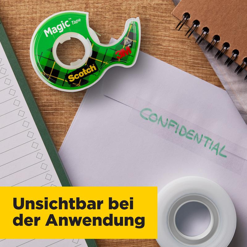 A roll of Scotch® Magic™ Invisible Tape (19 mm x 25 m, with handheld dispenser and 5 m FREE) by 3M Deutschland GmbH lies next to a notebook, "CONFIDENTIAL" envelope, and dispenser. Invisible when applied.
