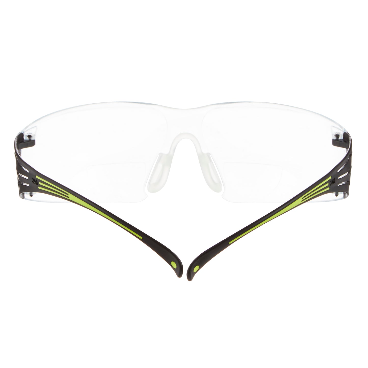 Die 3M™ SecureFit™ Lese-Schutzbrille von 3M Deutschland GmbH hat klare Gläser und schwarz-gelbe Bügel, hier von hinten mit ausgezogenen Bügeln.