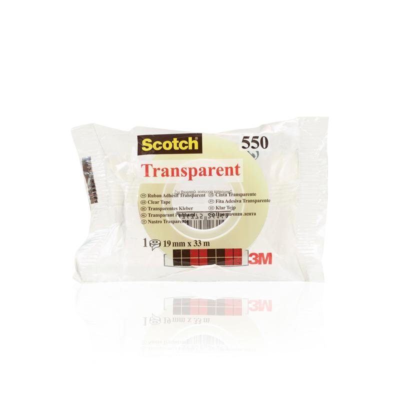 A sealed pack of Scotch® Transparent Tape 550 from 3M Deutschland GmbH, 19 mm x 33 m, with multilingual text and a red 3M logo in the bottom right, is pictured on a white background.