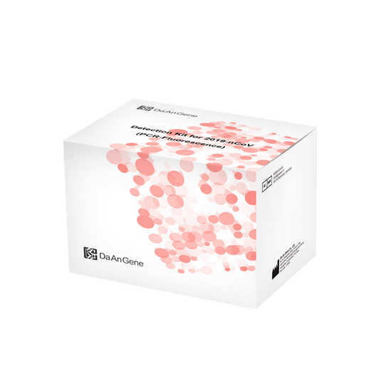 A white packaging box for the “DaAn Genetic Diagnostics Kit for 2019-nCoV (PCR Fluorescence Detection Kit)” containing 96 tests is shown on a green background, adorned with the word “Altruan.”