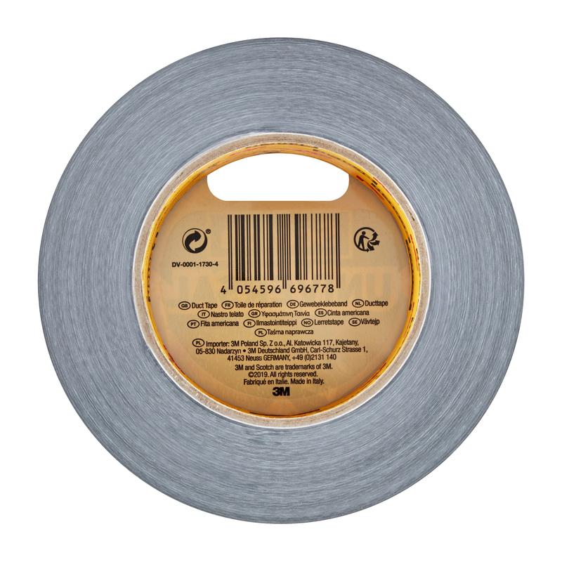 Eine Rolle Scotch® Universal Klebeband 2904 (50 m x 48 mm) der 3M Deutschland GmbH, von oben gesehen, hebt sich durch ihre graue Farbe und ein zentrales Etikett mit Barcode und Produktangaben in mehreren Sprachen hervor.