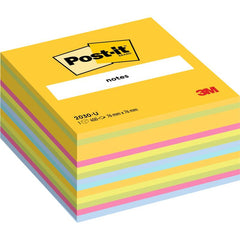 A stack of Post-it® Notes Cubes, Ultra Colors (76x76 mm, 450 sheets, 1 pad), from 3M Deutschland GmbH, features a yellow cover sheet with the Post-it logo—ideal as a colorful notepad. 100% PEFC-certified (SGSCH-PEFC-COC-110078).
