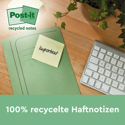 Eine grüne Mappe mit einem gelben Post-it® Super Sticky 100% Recycling Zettel (47,6 x 47,6 mm, 70 Blatt/Block, PEFC) von 3M Deutschland GmbH mit der Aufschrift "wichtig" liegt auf einem Holztisch neben einer Tastatur und einer Pflanze. Der Text ist in Deutsch.