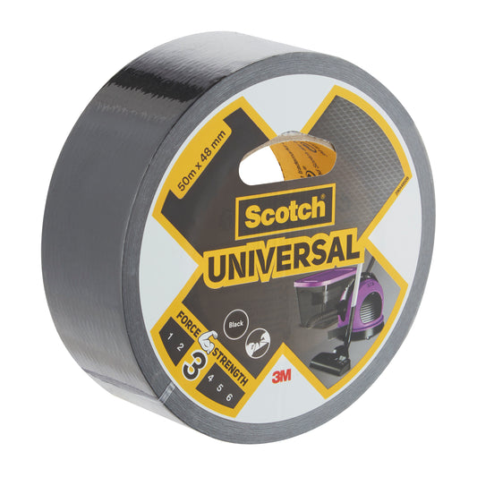 Eine Rolle 3M Scotch® Universal Klebeband 2904, 50m x 48mm, mit Produktangaben auf dem Etikett und einem Staubsaugerbild.