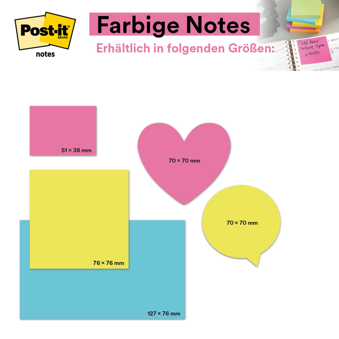 Ein Bild zeigt farbenfrohe Post-it® Notes aus der Beachside Collection der 3M Deutschland GmbH mit 100% PEFC-zertifizierten Blöcken in rosa (38×51 mm), gelben und blauen Formen, einem rosa Herz und einer gelben Sprechblase.