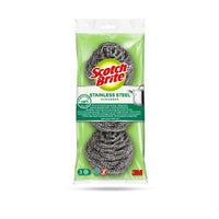 A pack of Scotch-Brite® stainless steel spiral scrubbers from 3M Deutschland GmbH, containing 3 pieces. The green-and-clear packaging features the scrubbers, the brand name, product information, and a pot graphic, and is ideal for kitchen cleaning and removing stubborn dirt.