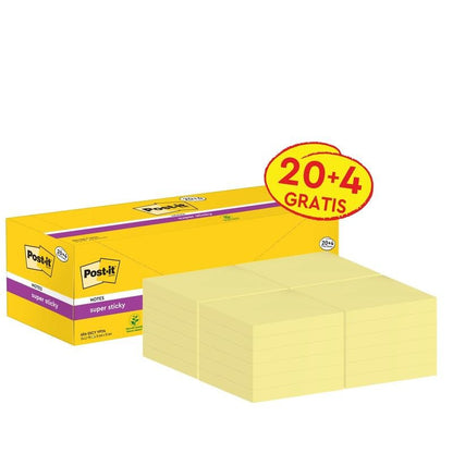 Pictured is a yellow box of Post-it® Super Sticky Notes (76 mm x 76 mm, 90 sheets/block, 100% PEFC) from 3M Deutschland GmbH with five stacks in front; the box is labeled with a red-yellow tag "20 + 4 FREE".