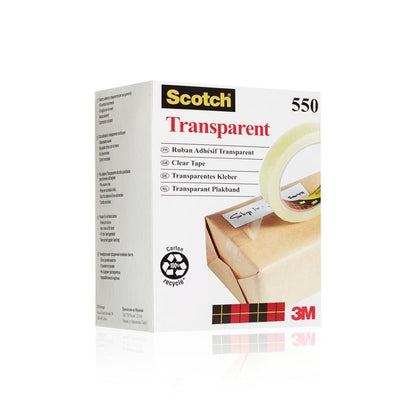 A box of Scotch® Transparent Tape 550 from 3M Deutschland GmbH, with multilingual text, recycling logo, and an image of a brown package sealed with tape. The white packaging features red and yellow accents.