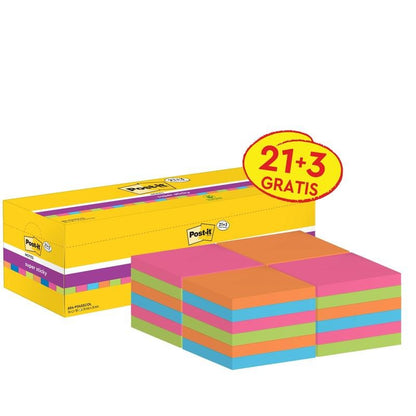 A yellow package of 3M Deutschland GmbH Post-it® Super Sticky Notes (76 x 76 mm, 90 sheets/block, 100% PEFC) contains 24 color-sorted blocks with the promotional label "21 + 3 Free".