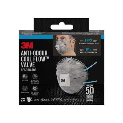 A black box of the 3M™ Cool Flow™ Particulate Respirator 9922 FFP2, odor-reducing with valve, shows a person wearing the mask. The packaging emphasizes FFP2 protection, Cool Flow valve, 94% filtration efficiency, 50h usage, and contains 2 masks.