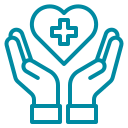 Ein Symbol, das zwei nach oben gewölbte Hände zeigt, die ein Herz mit einem medizinischen Kreuz darin bilden. Das Design ist blaugrün umrandet und symbolisiert Gesundheitsfürsorge oder medizinische Versorgung.