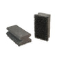 Two gray cleaning sponges with a rough scrubbing side, one lying down and one standing up, shown isolated against a light background.