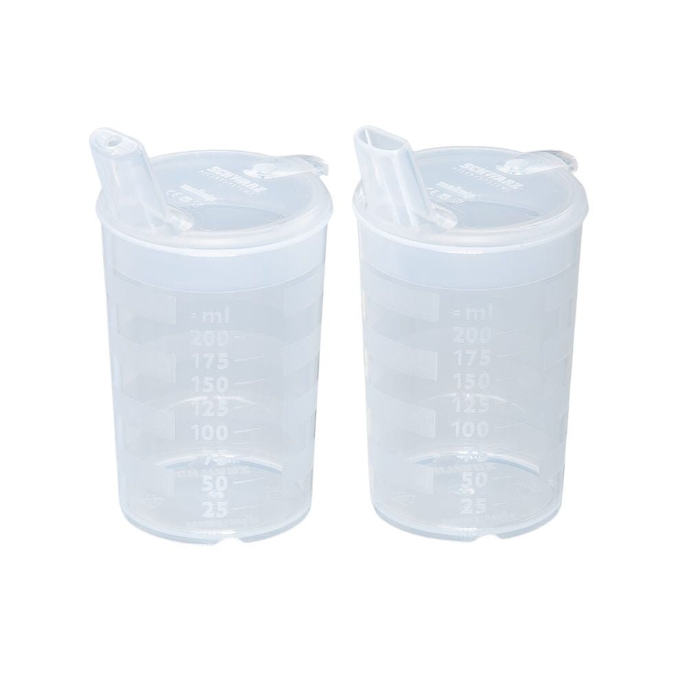 Der melinip Schnabelbecher ECO von Helmut Schwarz GmbH besteht aus zwei transparenten Messbechern mit Schnappdeckel, klaren ml-Markierungen von 25 ml bis 200 ml und 4 mm Klappausgießern; perfekt für den präzisen Einsatz in Krankenhäusern oder Arztpraxen. Wird im 10er-Pack geliefert.