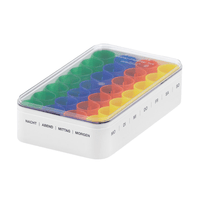 The melipul 7x4 Weekly Dispenser from Helmut Schwarz GmbH is a medication dispenser with 28 multicolored compartments and a stackable lid. It features German labels for the days of the week: “MO, DI, MI, DO, FR, SA, SO” and times of day: “NACHT, ABEND, MITTAG, MORGEN,” enabling seamless medication planning for your weekly needs.