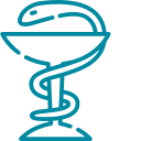 Eine blaugrüne Umrisszeichnung einer Schlange, die sich um eine Tasse windet und Medizin und Pharmazie symbolisiert. Der Kopf der Schlange befindet sich über dem Rand der Tasse und ihr Körper wickelt sich mehrmals um den Stiel der Tasse.