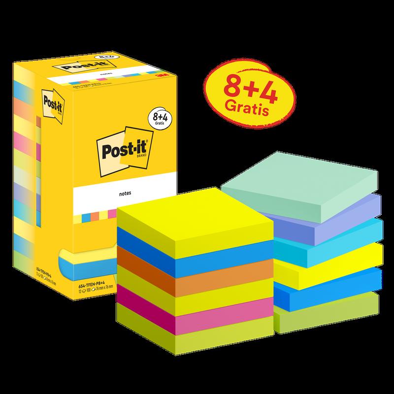 Post-it® Notes, Energetic Collection, 76 mm x 76 mm, Promotion, 90 Blatt/Block, 8 Blöcke + 4 Gratis/Packung, Kartonverpackung, 100% PEFC, SGSCH-PEFC-COC-110078 | Packung (12 Stück)