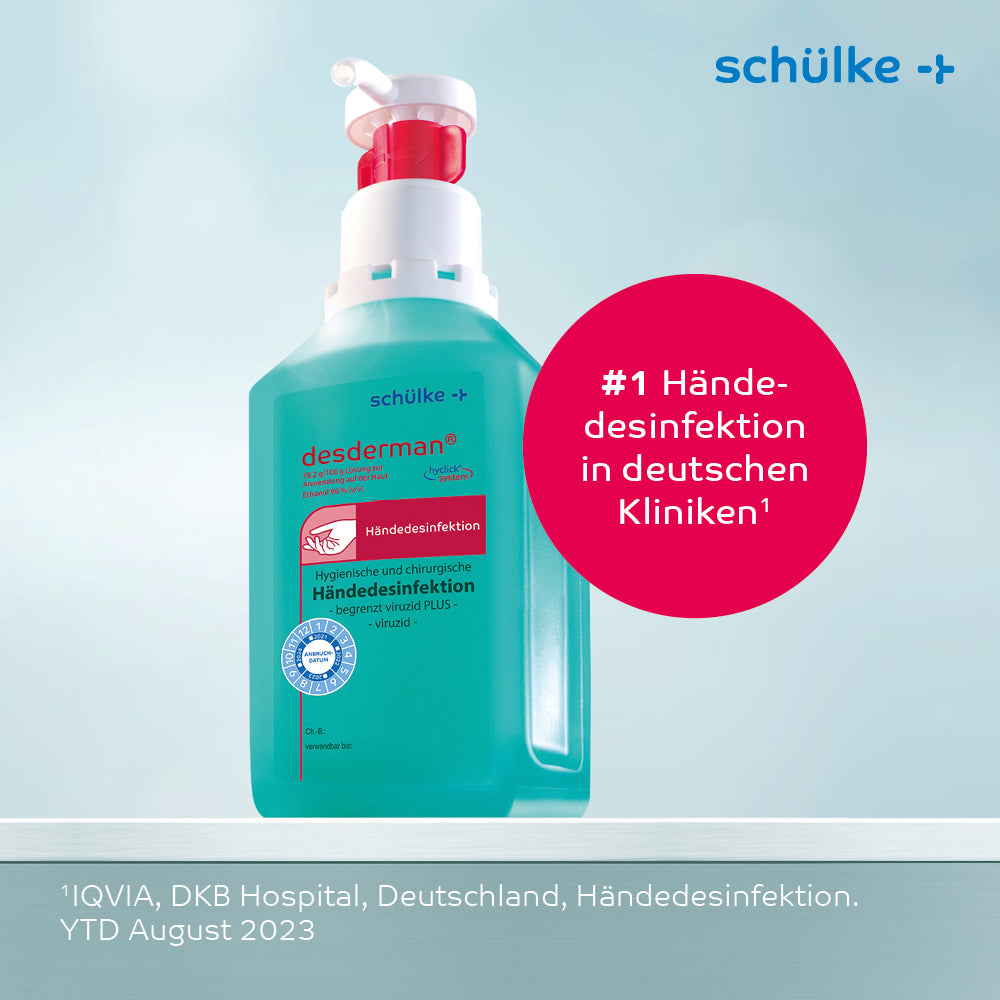 Eine Flasche Schülke desderman® Händedesinfektion (ohne Farbstoff/Parfüm) von Schülke & Mayr GmbH, ideal zur hygienischen Desinfektion, bietet bequemen und wirksamen Schutz vor Keimen.