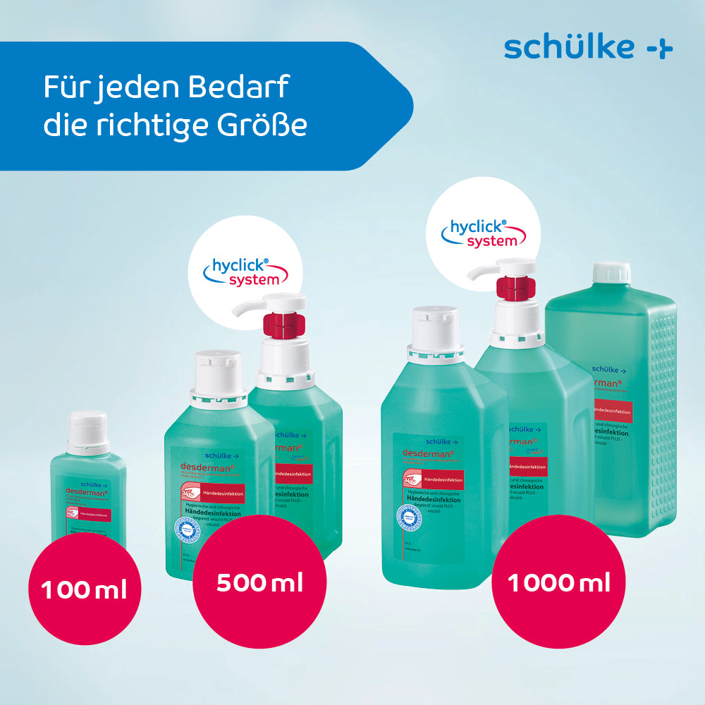 Eine Flaschengruppe mit rot-weißen Etiketten, ideal für Schülke desderman® Händedesinfektion (ohne Farbstoff/Parfüm) von Schülke & Mayr GmbH.