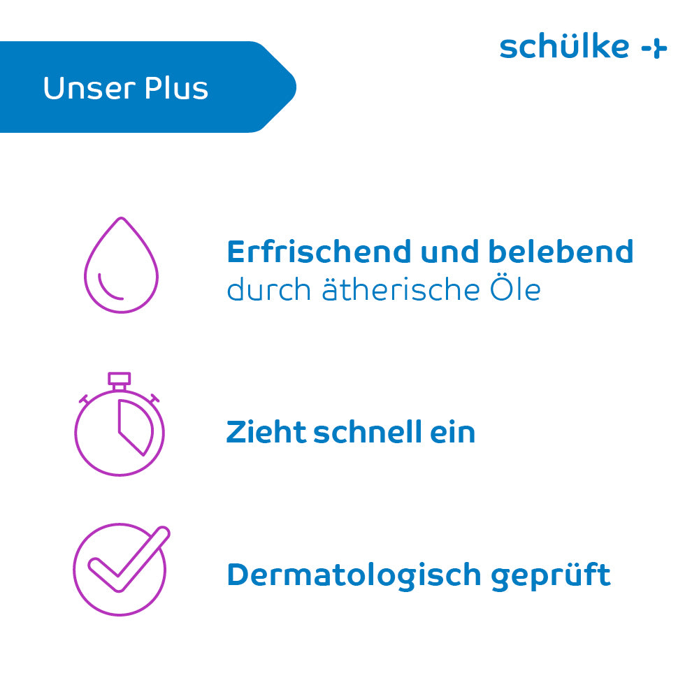A graphic with German text presenting Schülke & Mayr GmbH, Schülke esemtan® active gel - 500 ml bottle (500 ml), and three symbols. The first symbol is a drop with the inscription “Refreshing and invigorating through essential oils.” The second symbol is a stopwatch with the inscription “Absorbs quickly.” The third symbol is a checkmark with the inscription “Dermatologically tested.”