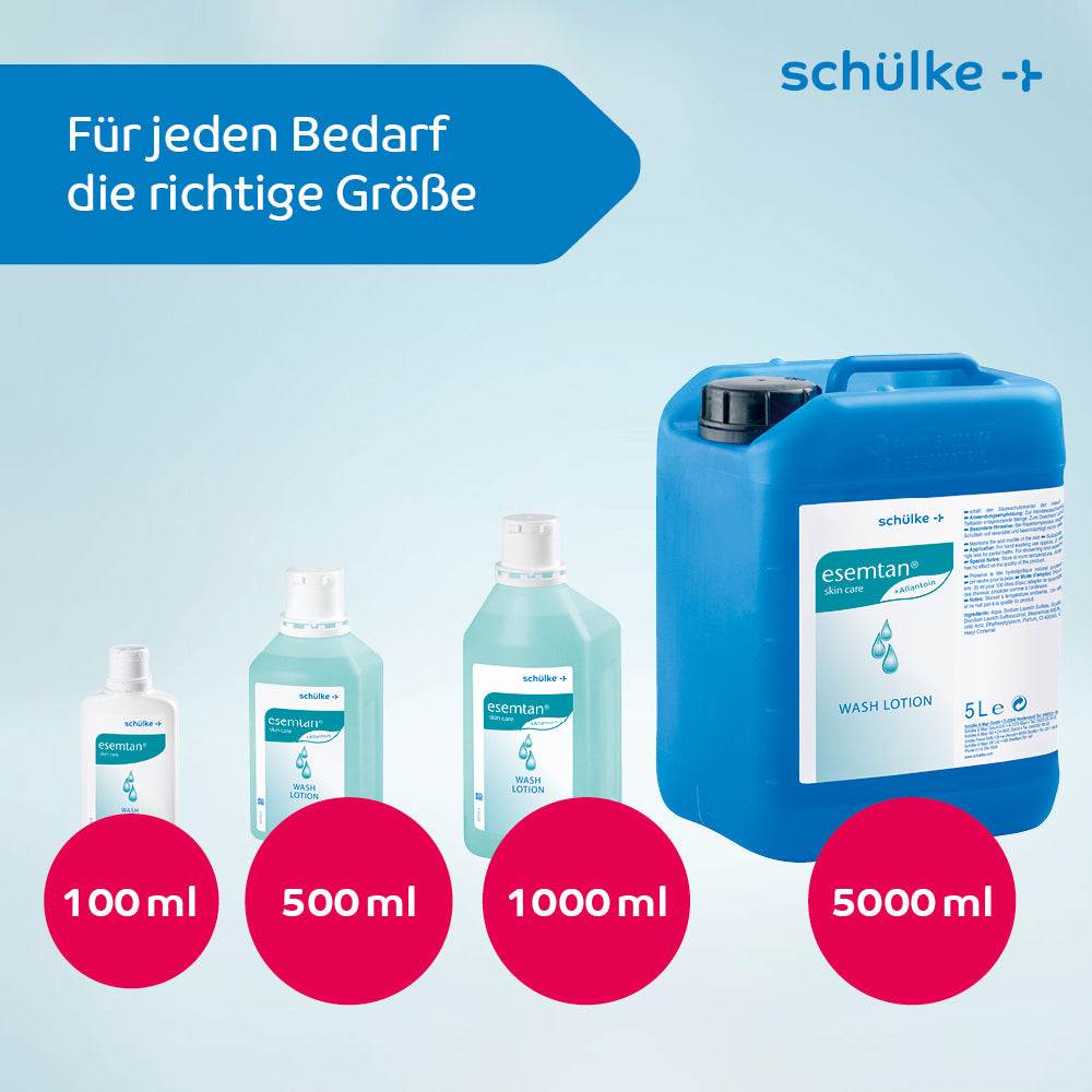 Das Bild zeigt vier Flaschen Schülke Esemtan® Waschlotion in aufsteigender Größe (100 ml, 500 ml, 1000 ml und 5000 ml) vor blauem Hintergrund. Der Text lautet „Für jeden Bedarf die richtige Größe“ und in der oberen rechten Ecke steht „Schülke & Mayr GmbH“.
