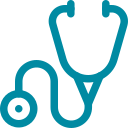Symbol eines Stethoskops. Das Bild ist eine blaue Strichzeichnung eines Stethoskops, dessen Schlauch eine lose Schleife bildet und dessen Bruststück unten links ruht. Oben sind die Ohrhörer sichtbar, die mit dem Schlauch verbunden sind.