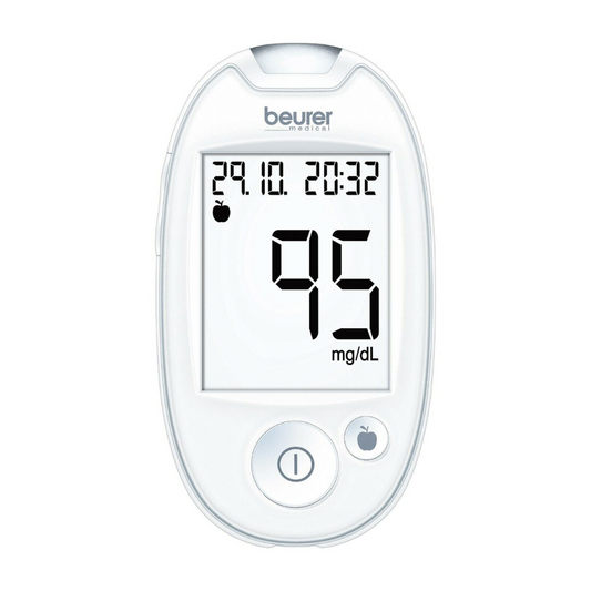 Das Beurer Blutzuckermessgerät GL 44 zeigt einen Blutzuckerwert von 95 mg/dl an, wobei Datum und Uhrzeit über dem Wert sichtbar sind. Das Gerät hat ein schlichtes weißes Gehäuse mit einem großen Bildschirm.