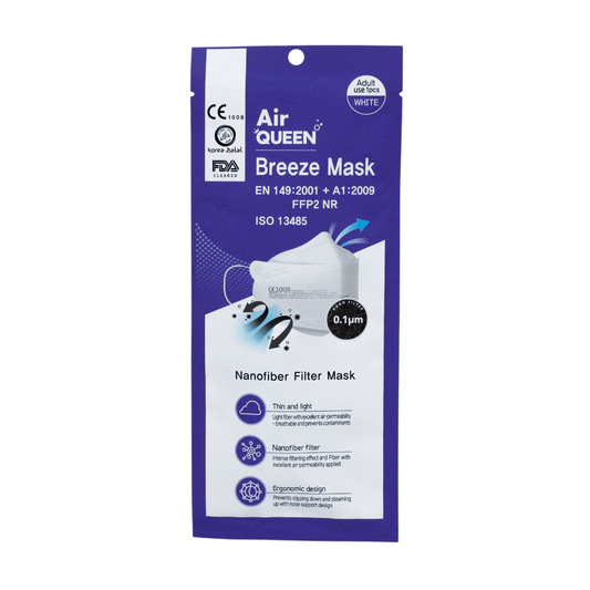 Verpackung der Air Queen partikelfiltrierenden Mund-Nasen-Schutzmaske CE2163, einer FFP2-Nanofaserfiltermaske, in hellrosa und weißem Design mit schwarzem und grauem Text. Sie zeigt europäische Prüfzeichen, darunter EN149.