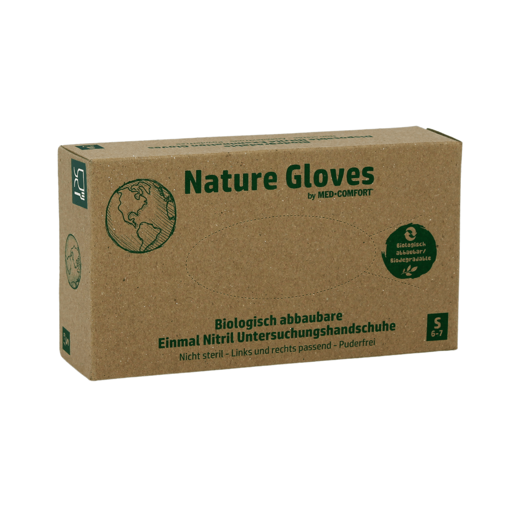 Eine Schachtel „AMPri Nature Gloves Nitrilhandschuhe Biologisch abbaubar, puderfrei“ von AMPri, Einweg-Untersuchungshandschuhe aus Nitril, biologisch abbaubare Nitrilhandschuhe, puderfrei, Größe S.