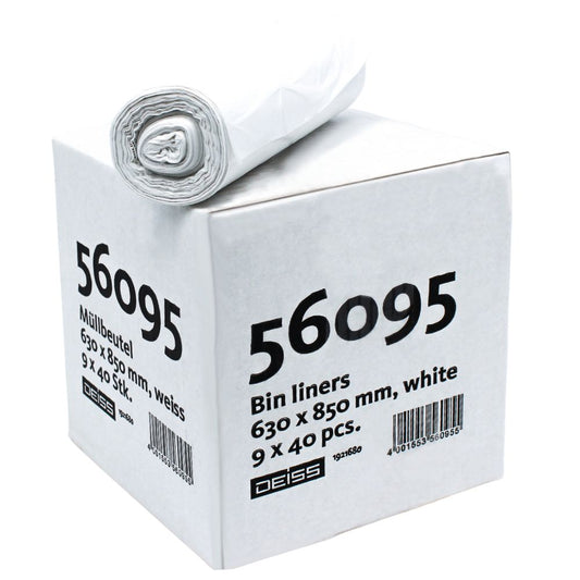 Ein Karton mit DEISS HDPE Müllsäcken 80 Liter, 56095 weiße Müllbeutel der Marke Emil Deiss KG. Die Kartondetails umfassen „Multibüel 6, 90 x 850 mm, 9x“.