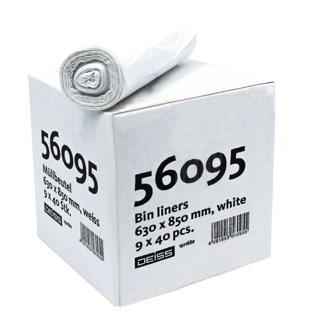 A white box with a roll of garbage bags, labeled "56095 Garbage Bags 630 x 850 mm, white 9 x 40 pieces" and made from HDPE garbage bag material by EMIL DEISS KG (GmbH + Co.). Each bag has a capacity of 80 liters, ideal for recycling.
